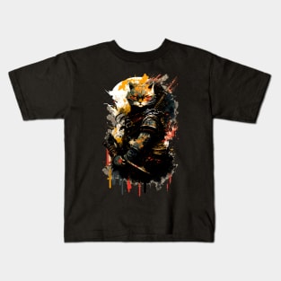 Samurai Cat Watercolor Painting Kids T-Shirt